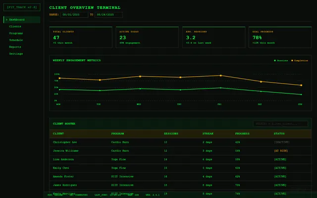 a fitness coach's client overview — terminal style preview
