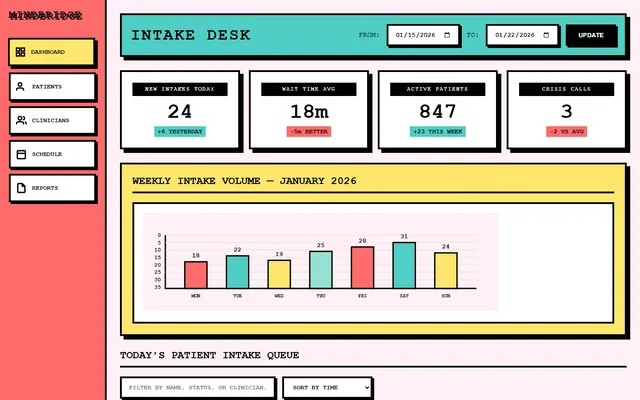 a mental-health clinic's intake desk — neobrutalist style preview