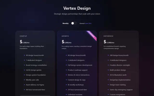 a design agency retainers menu — glassdark style preview