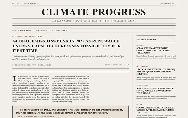 a climate-progress annual report — broadsheet style preview