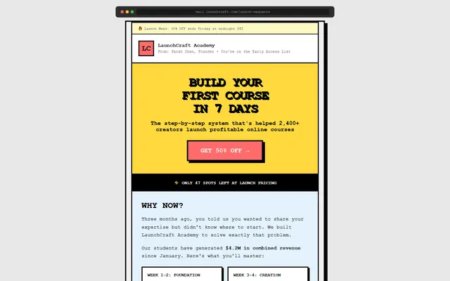 an online-course launch sequence — neobrutalist style preview