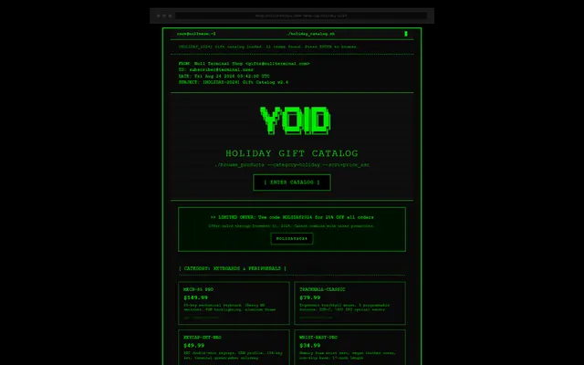 a holiday gift catalog — terminal style preview