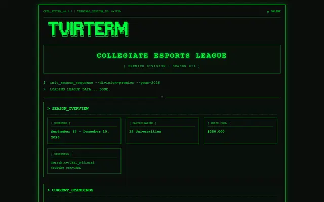 a collegiate esports league — terminal style preview