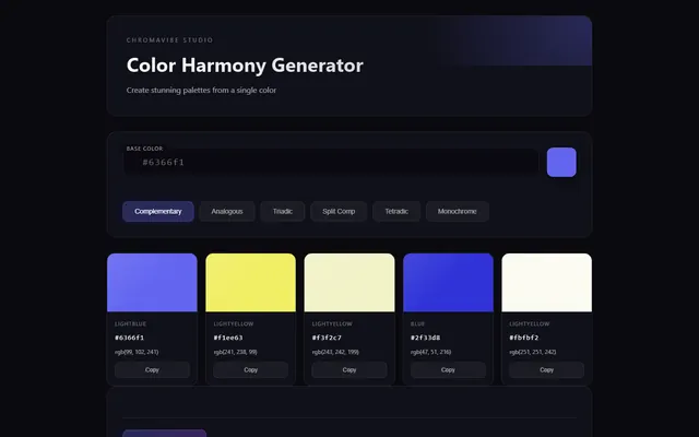 a color palette generator (harmonies from one hex) — glassdark style preview