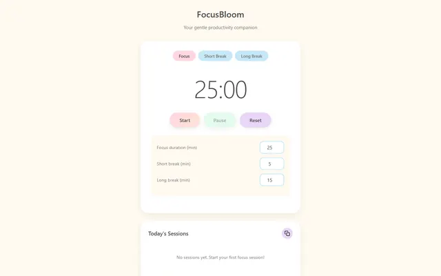 a pomodoro focus timer with session log — pastelsoft style preview