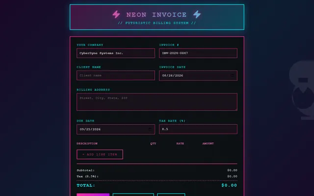 a simple invoice generator with printable output — vaporwave style preview