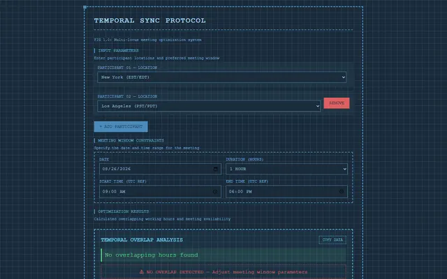 a timezone meeting planner — blueprint style preview