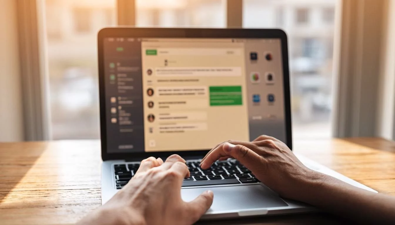 Laptop showing a chat interface with colorful app icons in a sidebar