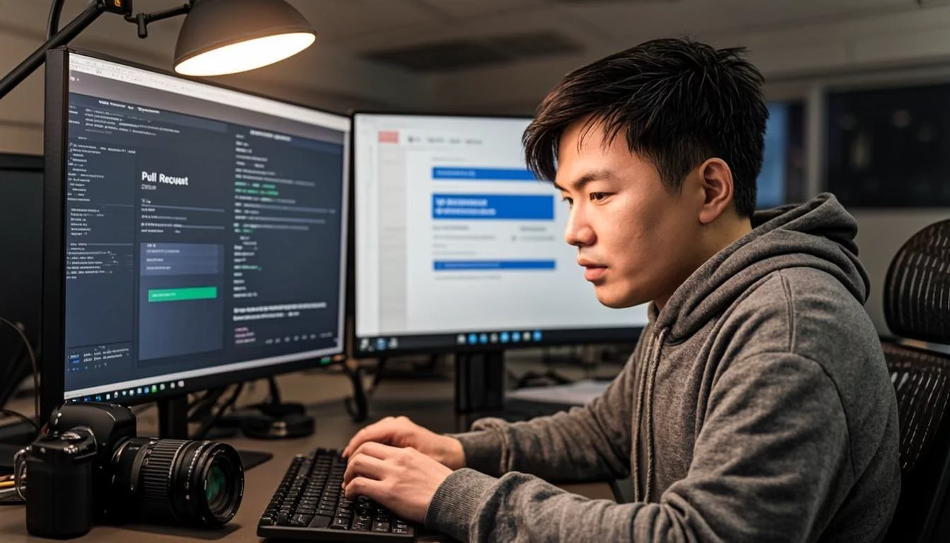 Code review interface on dual monitors showing pull request diff with AI review comments