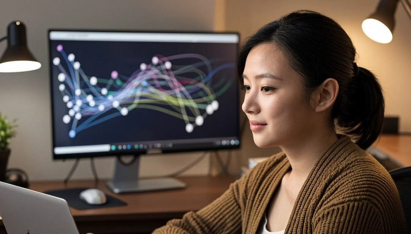 Abstract workflow visualization on a blurred monitor with colorful connected nodes