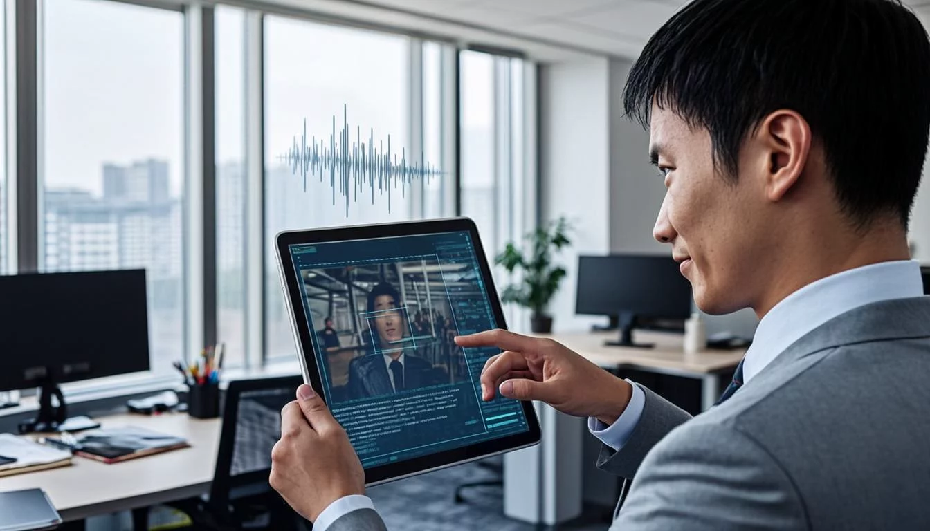Person interacting with a device showing voice waveforms and image recognition overlays