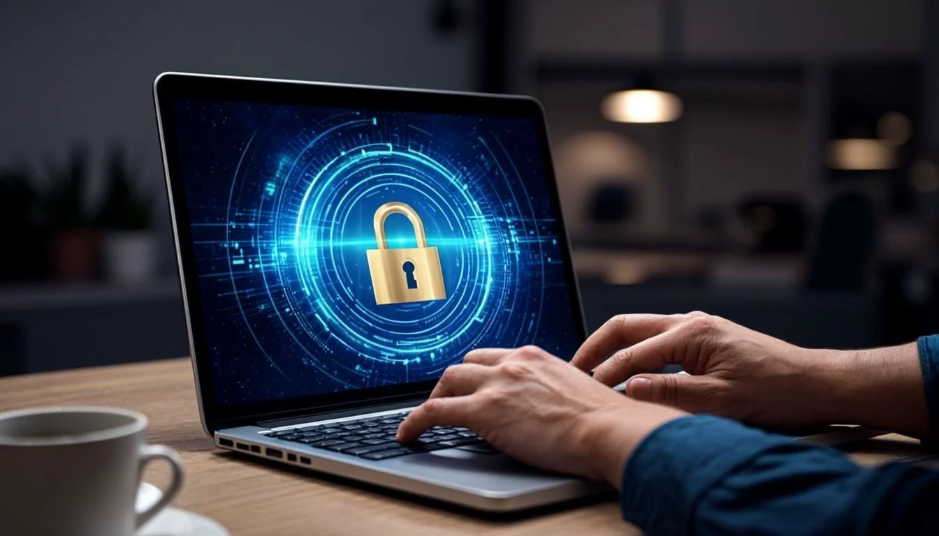 Lock icon glowing on a dark laptop screen with secure connection visualization
