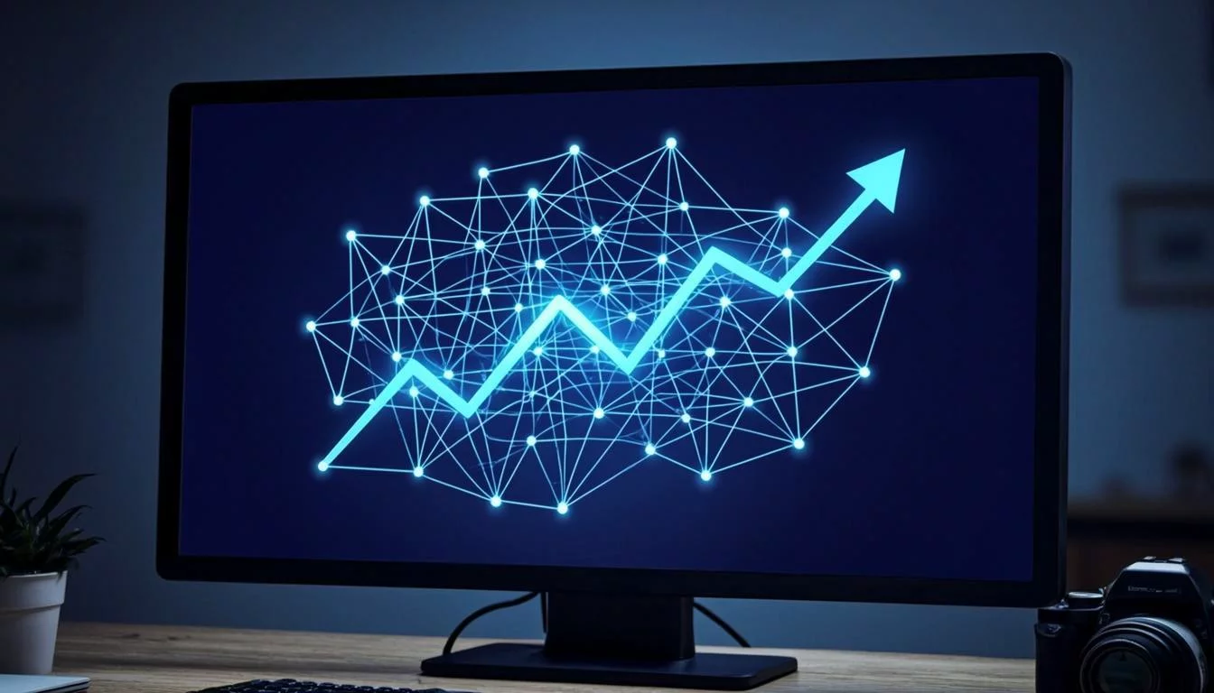 Abstract self-improving cycle visualization on a dark monitor with blue ambient glow