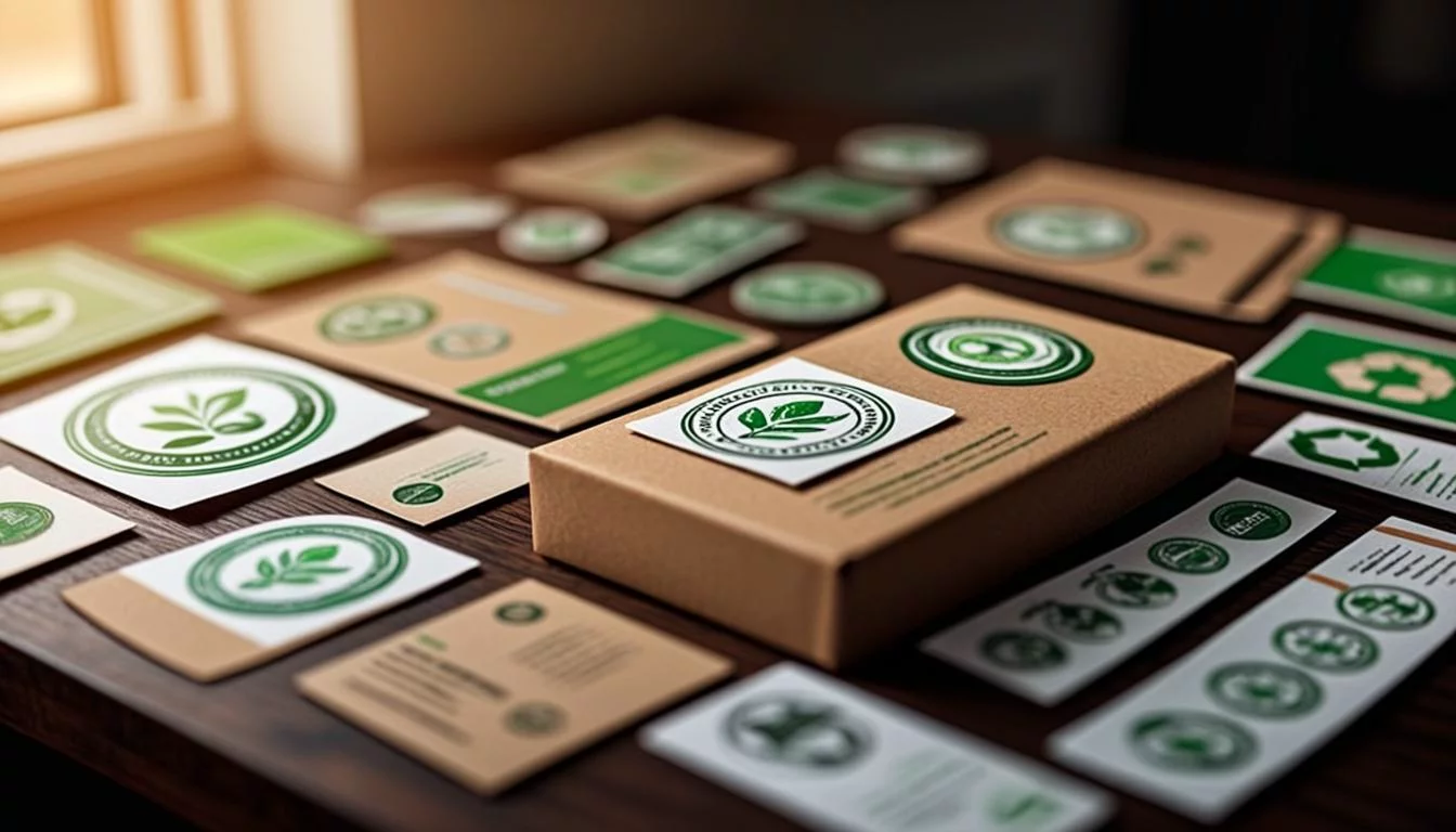Collection of certification badges and labels on product packaging on a wooden table
