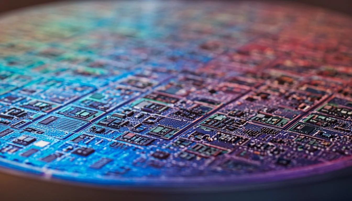 Close-up of silicon wafer with circuit patterns under clean room lighting with blue reflections