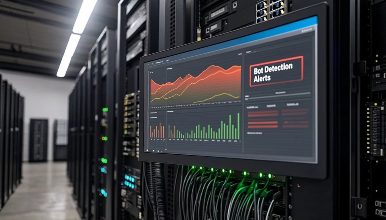 Server monitoring dashboard showing traffic analytics with bot detection alerts