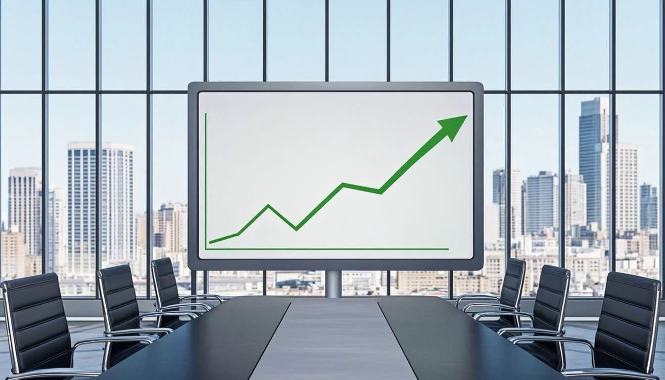 Upward trending line graph on a presentation screen showing investment growth in a conference room