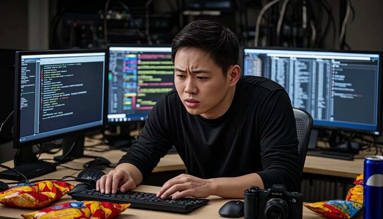 Developer at standing desk with three monitors showing code generation output and terminal logs