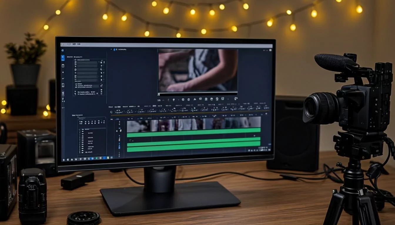 Video editing timeline on a large monitor with multiple tracks and creative workspace