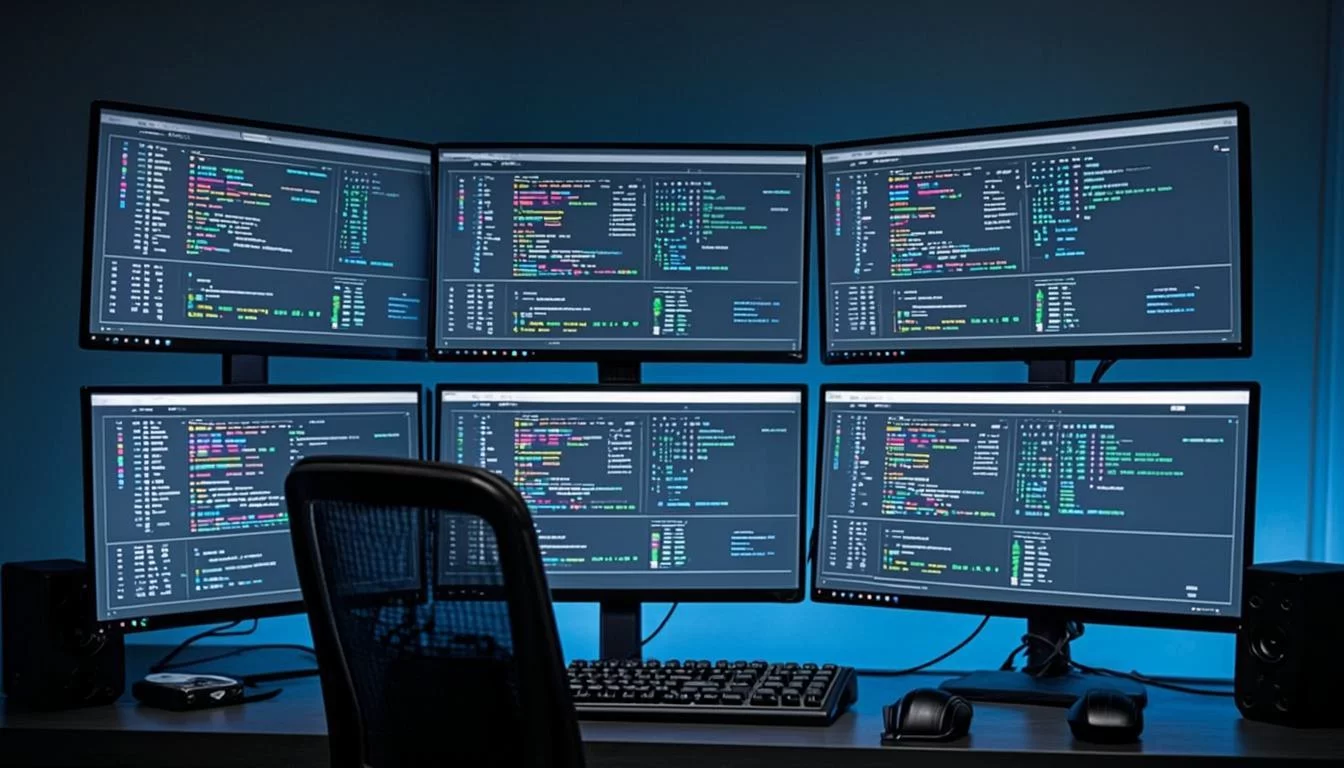Multiple screens in a semi-circle showing different AI agent tasks with blue ambient glow