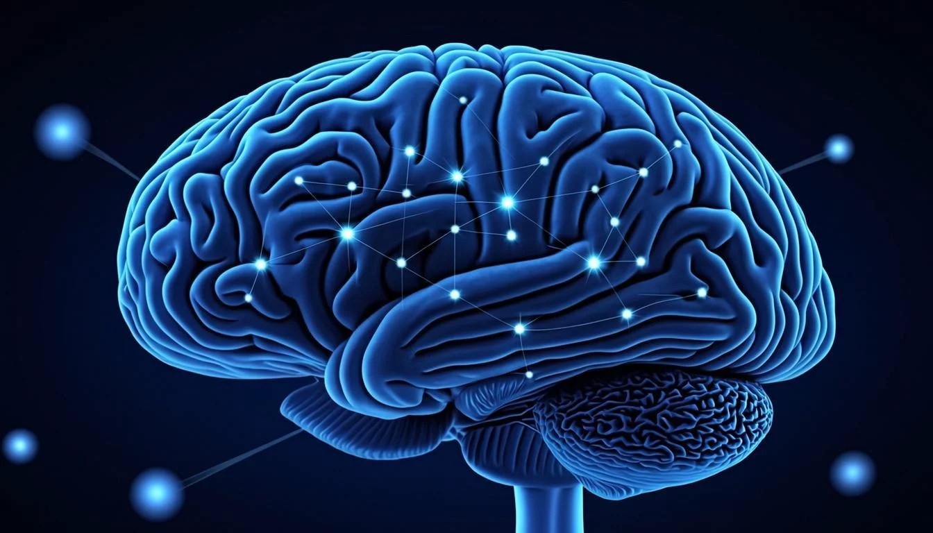 Abstract visualization of interconnected memory nodes forming a brain-like network in blue tones