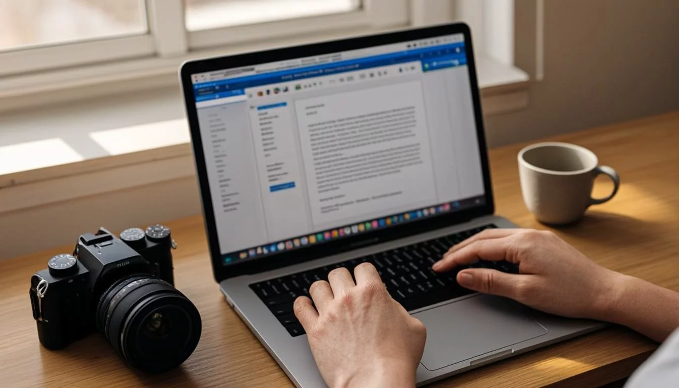 WordPress editor on a laptop showing a blog post being drafted with warm window lighting