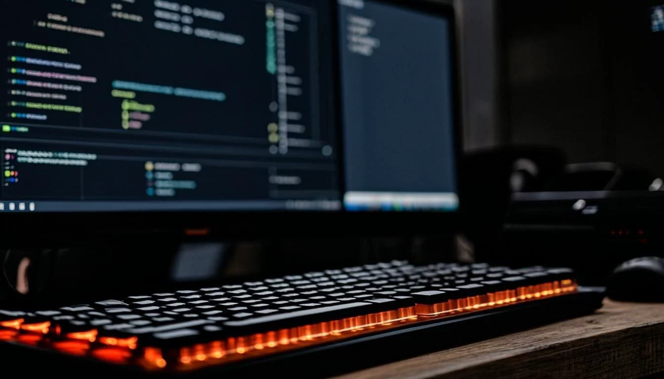 Developer screen showing JavaScript code editor with date and time functions on dual monitors