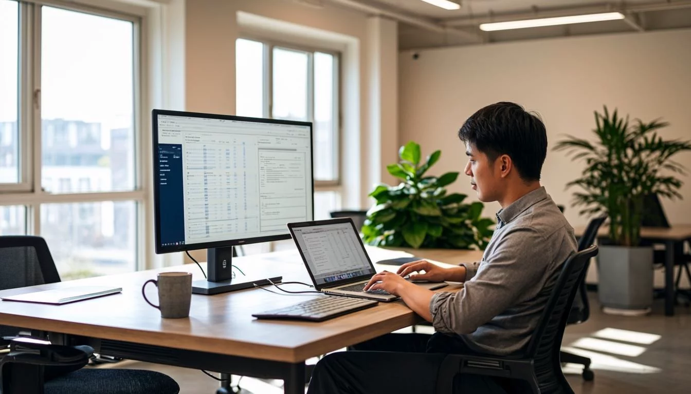 Person at a modern desk working alongside a large screen showing task automation interface