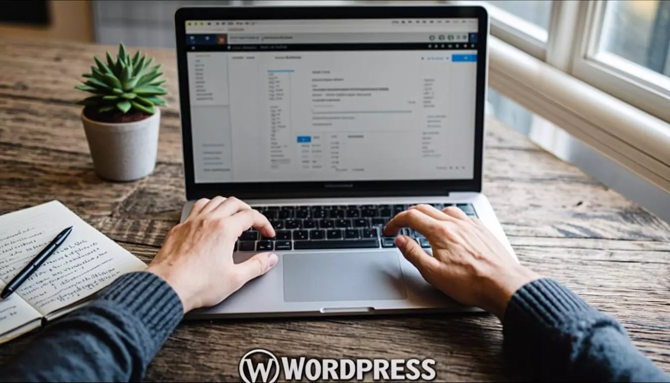 WordPress blog editor on a laptop screen, hands typing, wooden desk with succulent plant