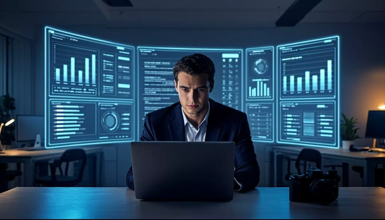Floating holographic interface panels showing charts and task lists around a modern desk in blue ambient light
