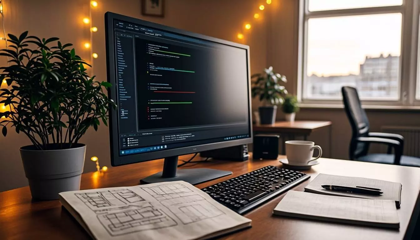 Web developer workspace with large monitor, potted plant, and warm string lights, notebook with wireframe sketches
