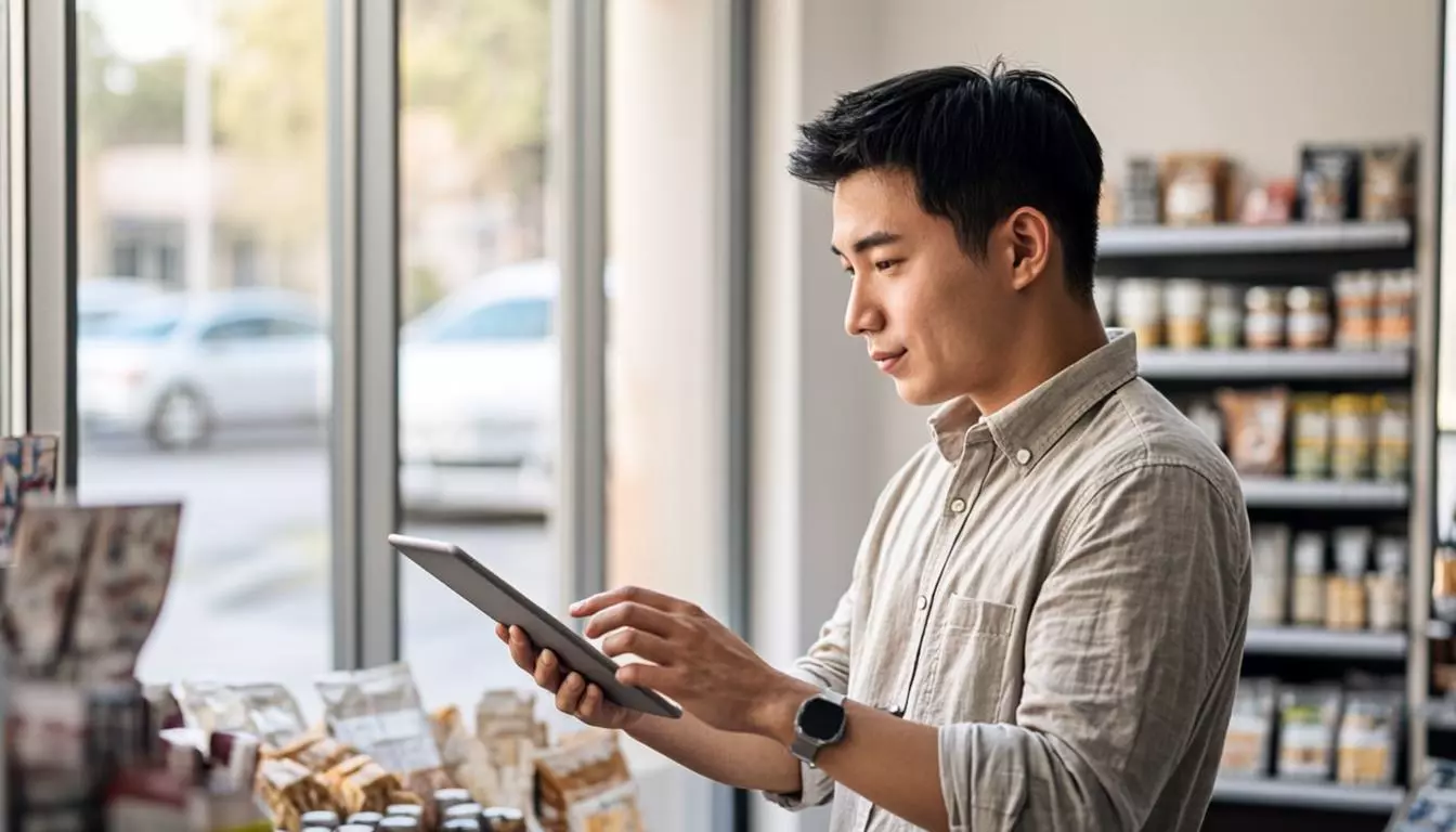 Small business owner in a bright modern storefront checking inventory on a tablet