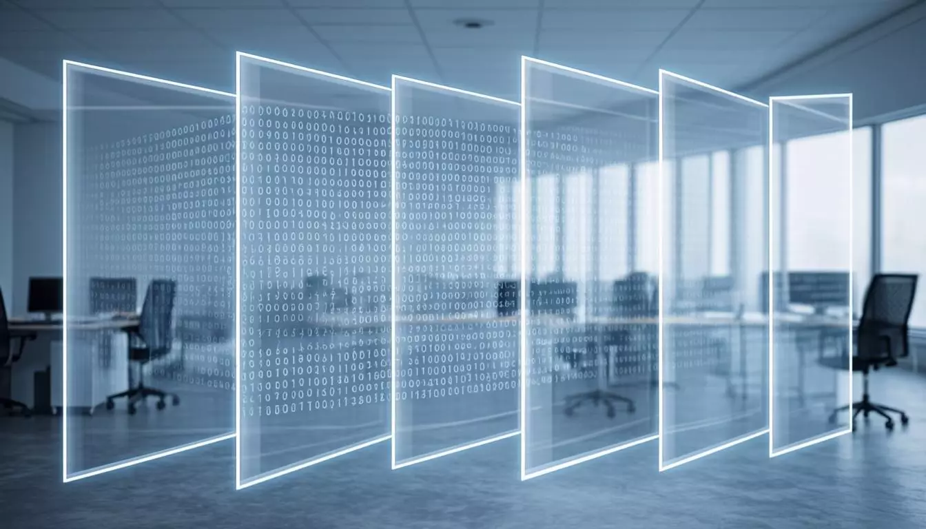 Abstract data compression visualization with layered translucent panels showing binary code