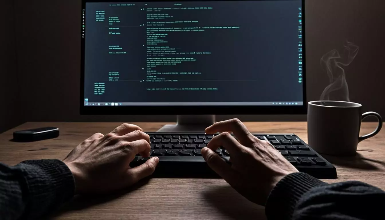 Developer terminal showing clean code output on a dark screen, mechanical keyboard in foreground