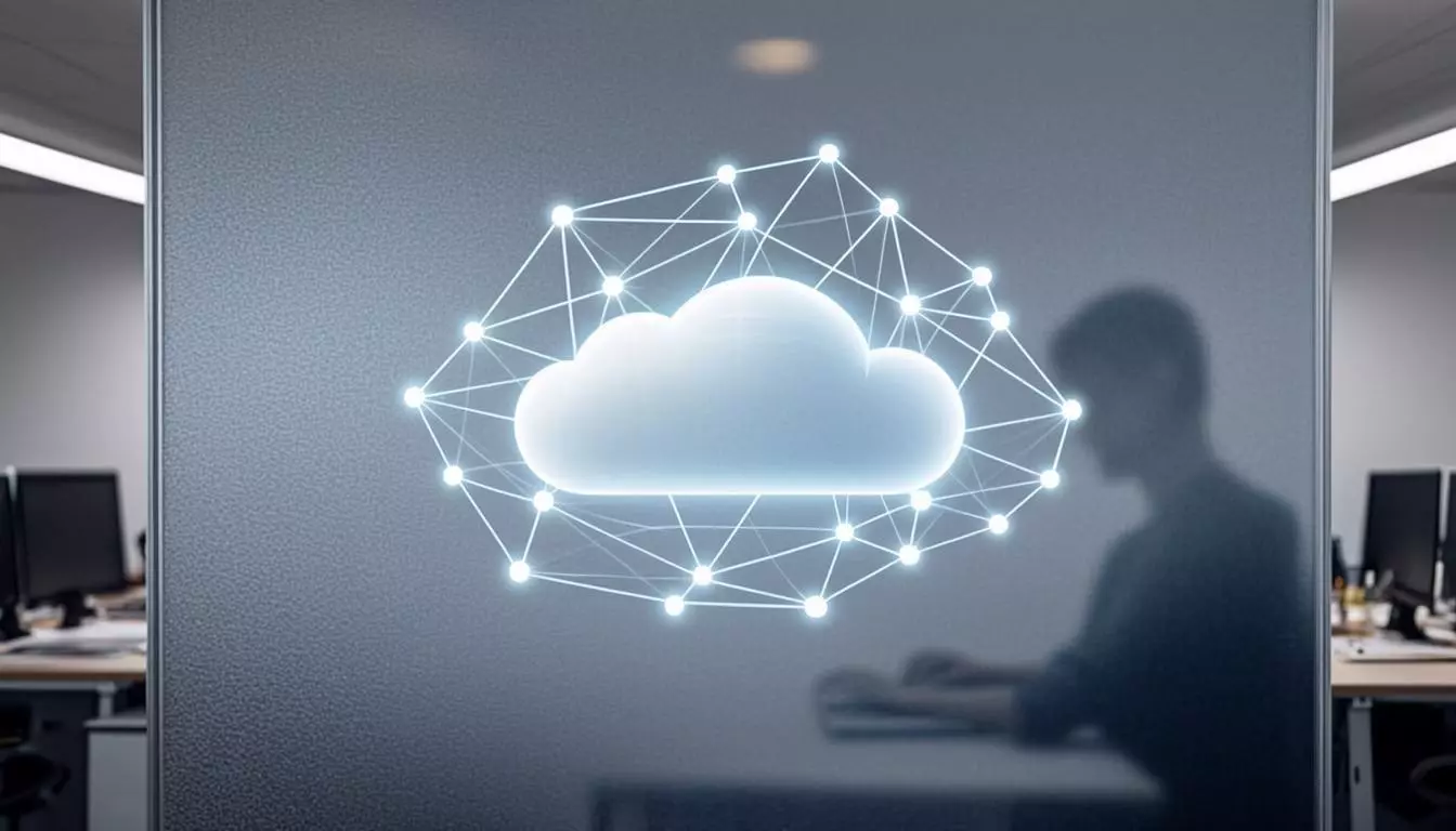 Cloud computing visualization through frosted glass office wall with glowing network nodes