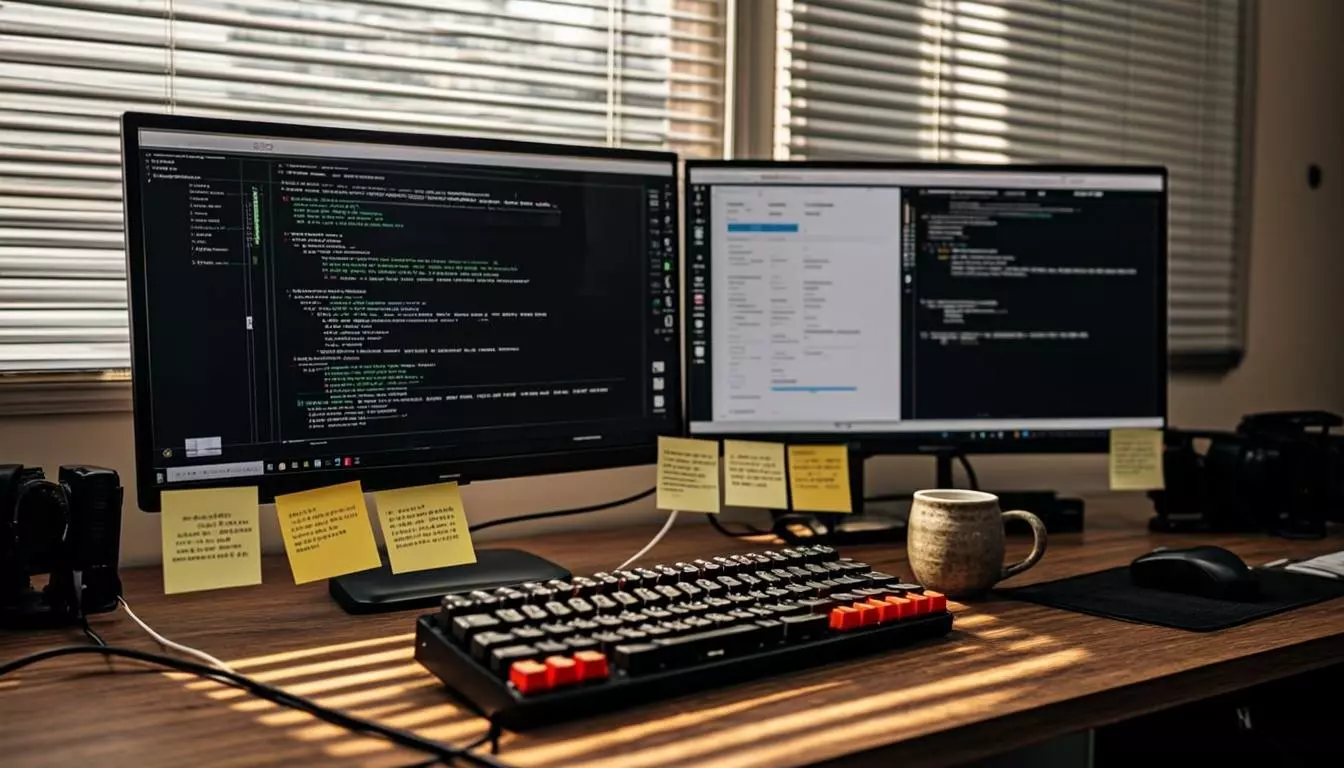 Dual monitor developer setup with code on one screen and live website on the other, afternoon light through blinds