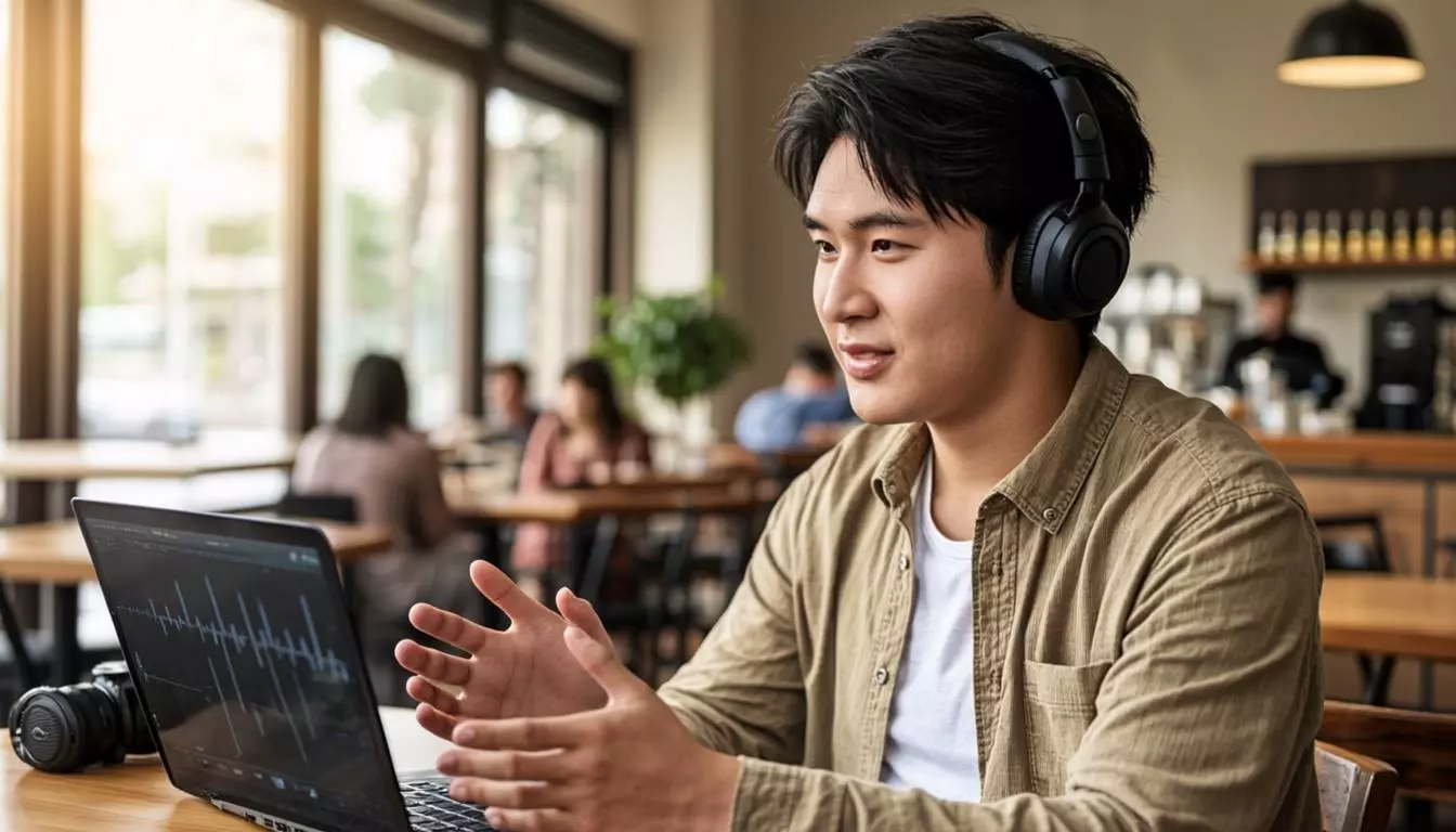Person wearing wireless earbuds in a modern cafe, laptop open with audio waveform on screen