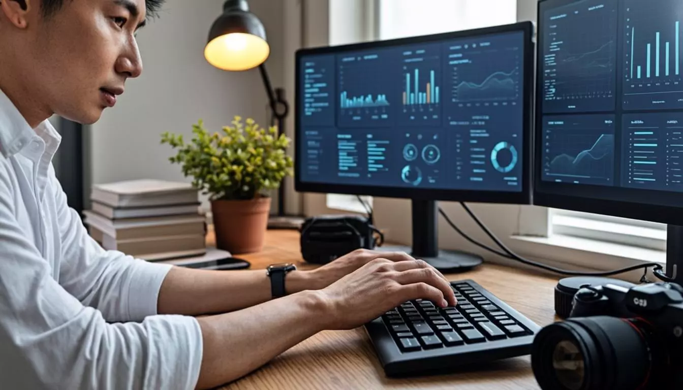 Modern office desk with multiple monitors displaying workflow automation dashboards, hands on keyboard