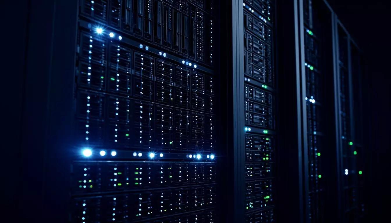 Close-up of a server rack with glowing blue and green LED indicators in a dark data center