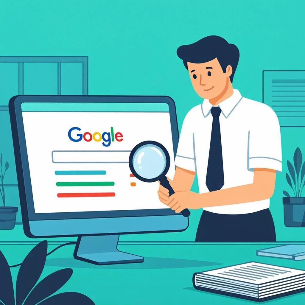 Small business owner reviewing Google search analytics on a laptop with ranking charts and search results visible on screen