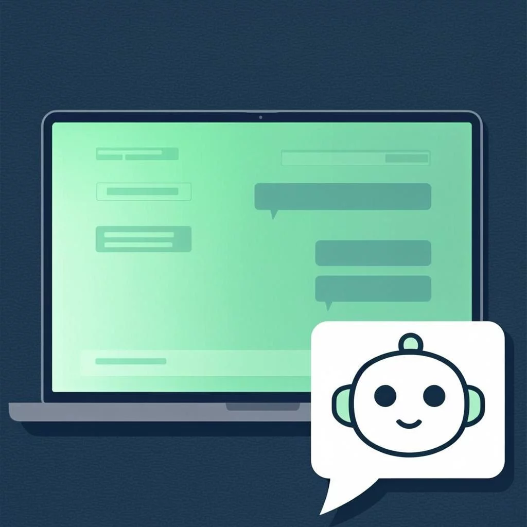 Modern website chat interface floating above a small business storefront, with glowing conversation bubbles and a friendly AI assistant icon