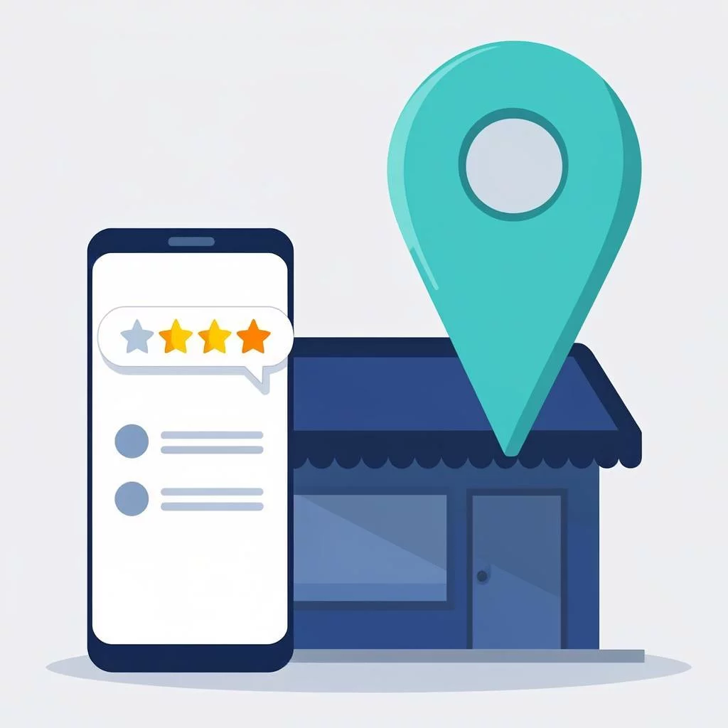 Google Maps pin over a small business storefront with review stars