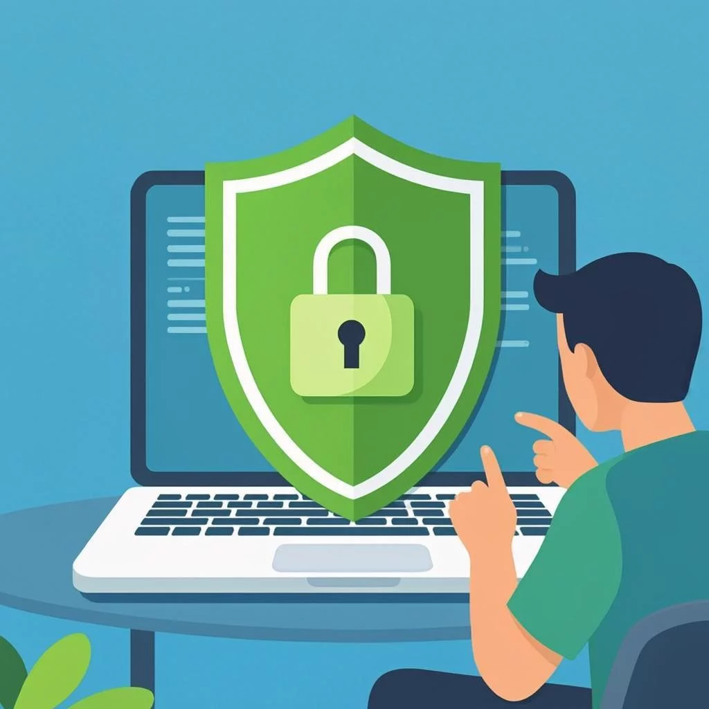 Shield with padlock protecting a small business laptop
