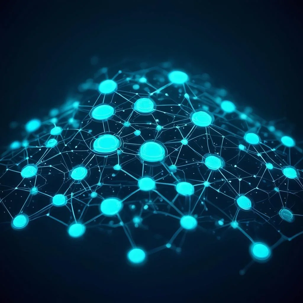 Abstract visualization of AI neural network processing business identity data, showing interconnected nodes forming a digital profile with glowing connections in blue and teal tones