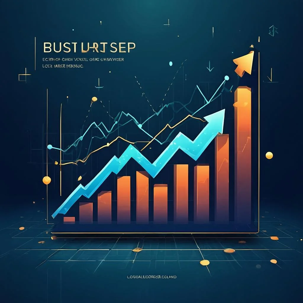 Abstract dashboard showing price charts and upward revenue graphs with teal and dark blue color scheme, modern data visualization aesthetic