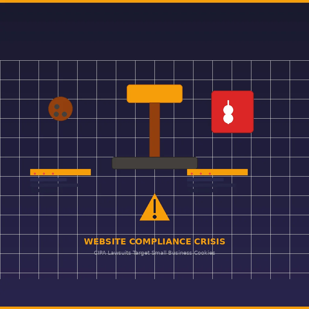 Gavel and scales of justice overlaid on digital website wireframe with tracking pixels and cookie icons, dark blue and amber color scheme
