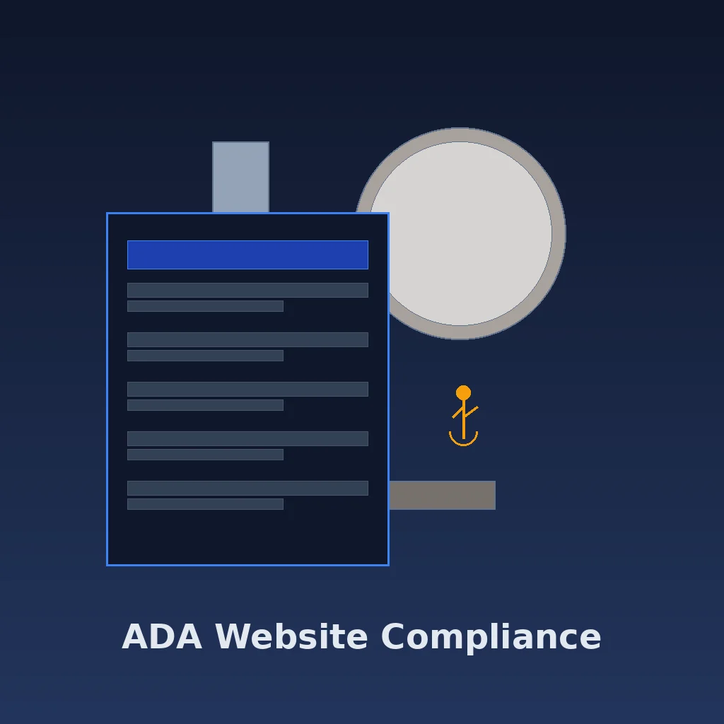 Accessibility icon wheelchair symbol over a website wireframe with legal gavel, blue and white color scheme