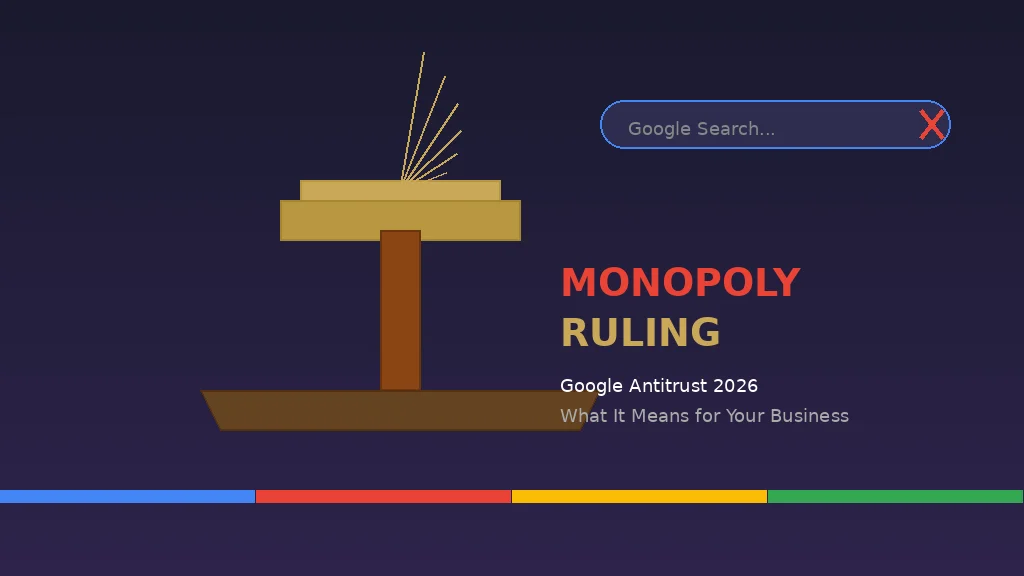 Gavel striking a desk next to a Google search bar on a laptop screen, small business advertising concept
