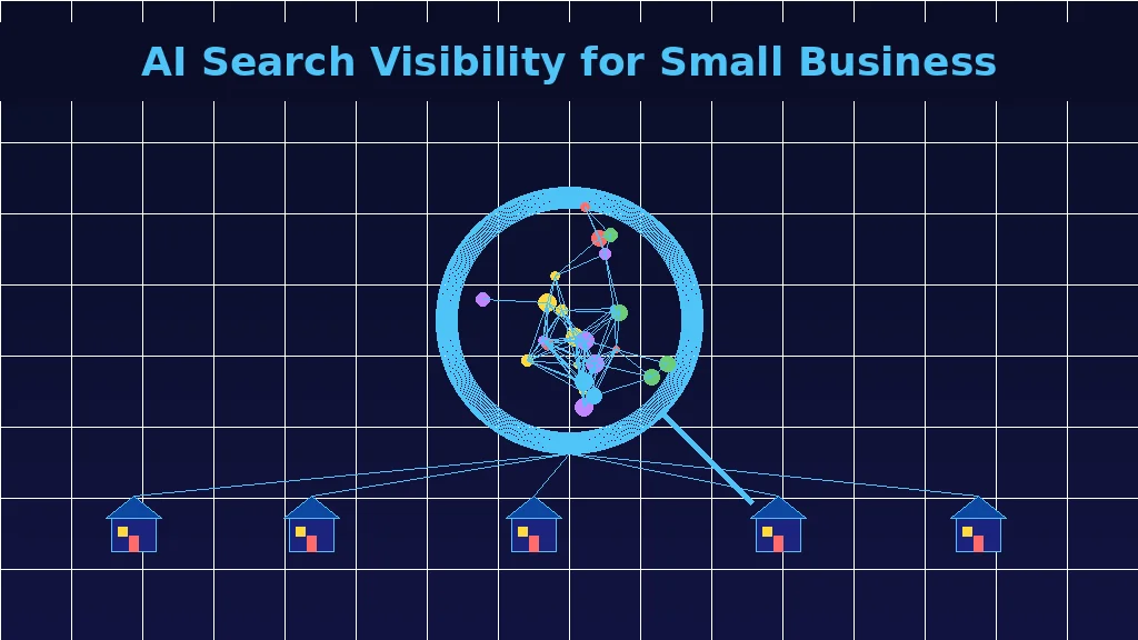 Magnifying glass hovering over a glowing AI brain network with small business storefront icons, search visibility concept