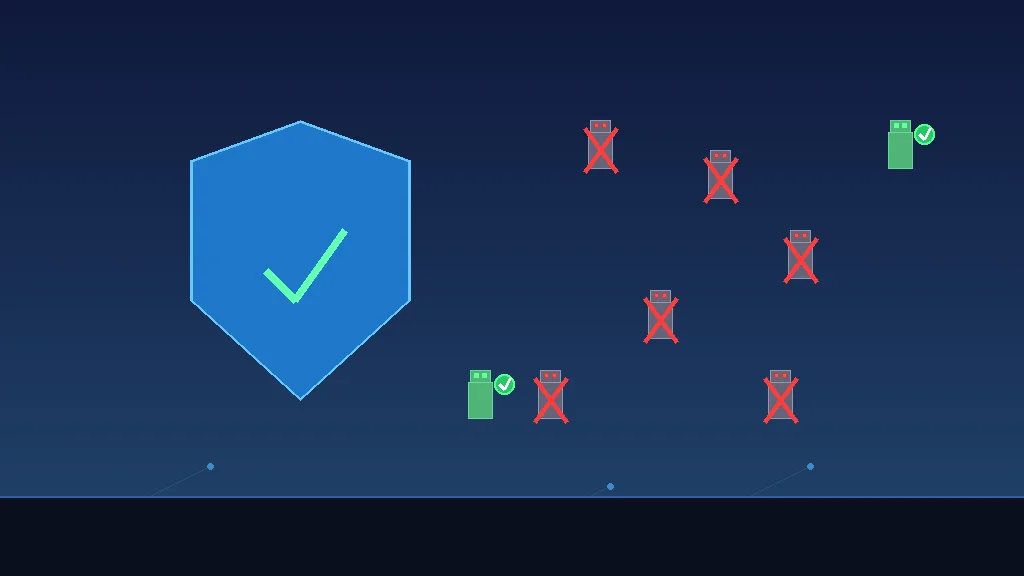 Shield icon over a website with AI robot crawlers being filtered, some blocked and some allowed through